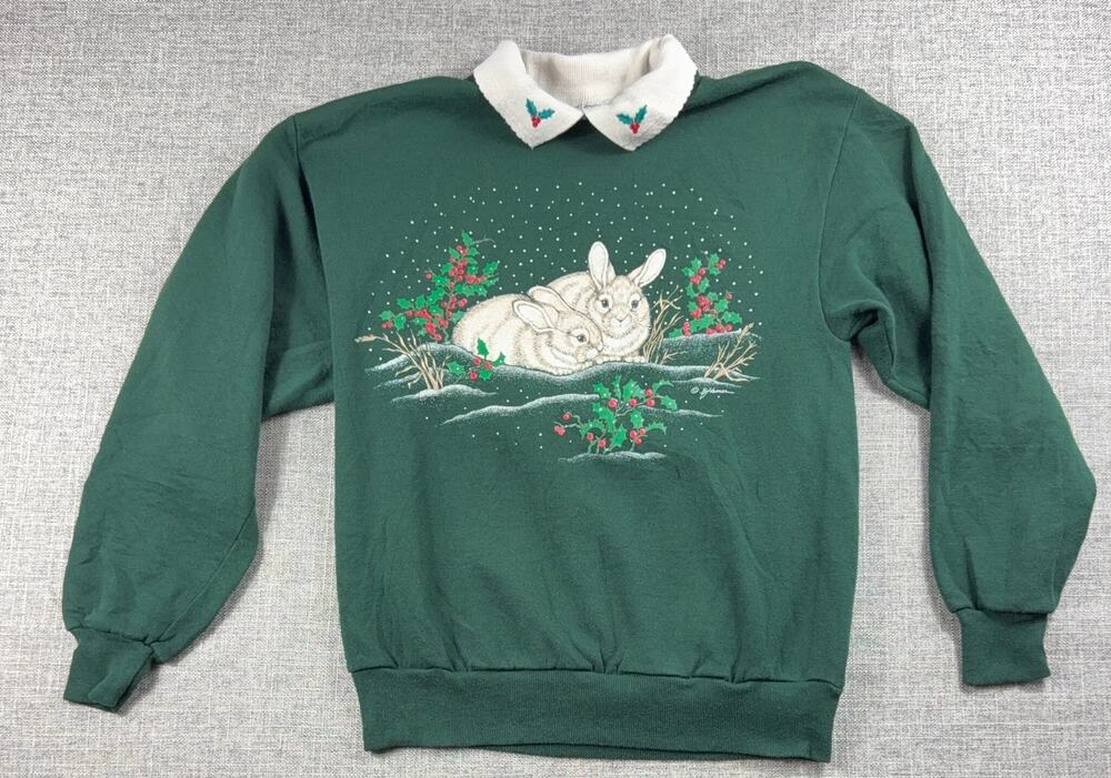 Vintage 90s Morning Sun Christmas Bunny Sweatshirt Womens M Peter Pan Collar